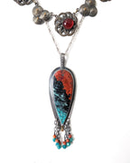 Sonoran jasper pendant in oxidized sterling silver with coral and amazonite fringe
