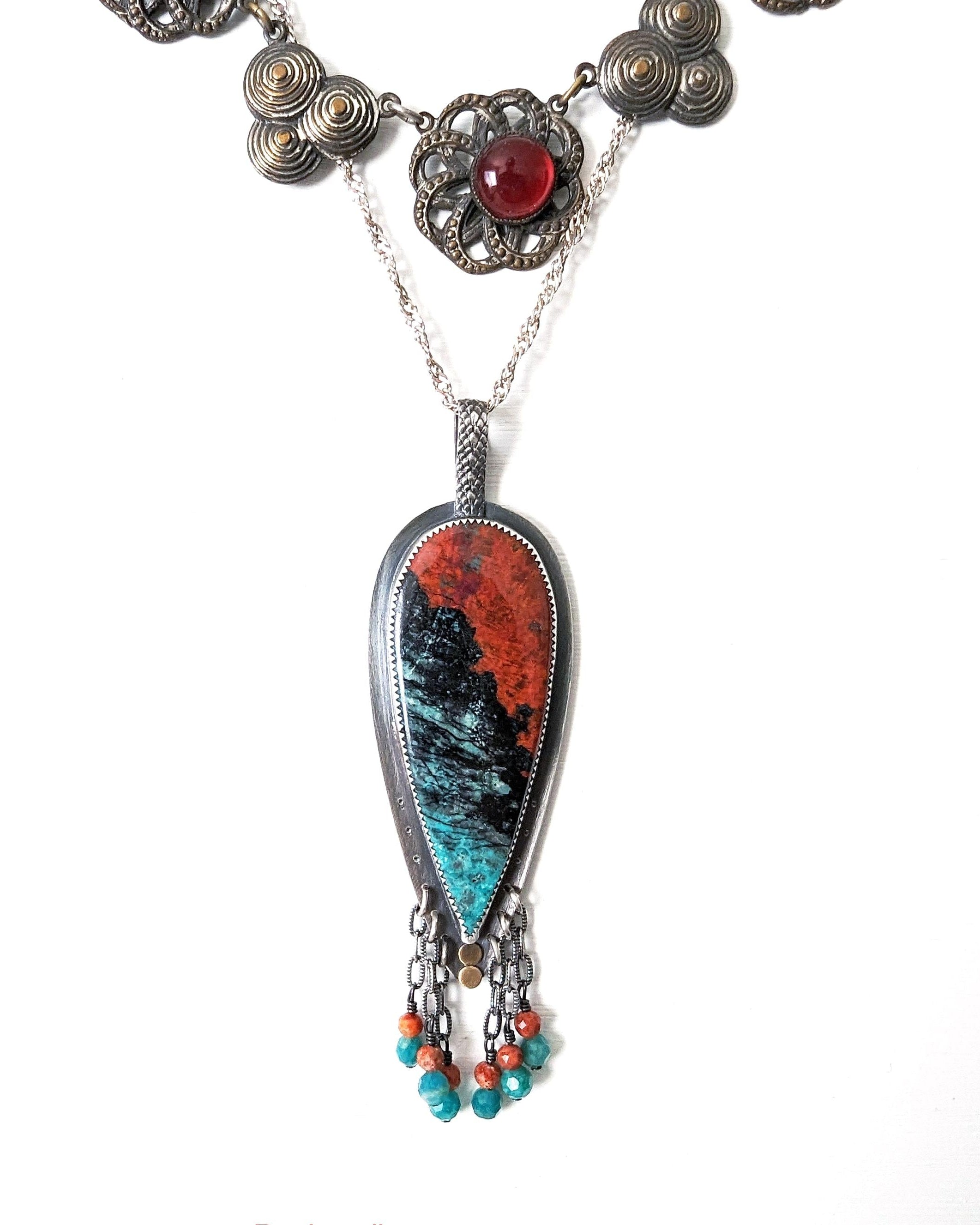 Sonoran jasper pendant in oxidized sterling silver with coral and amazonite fringe
