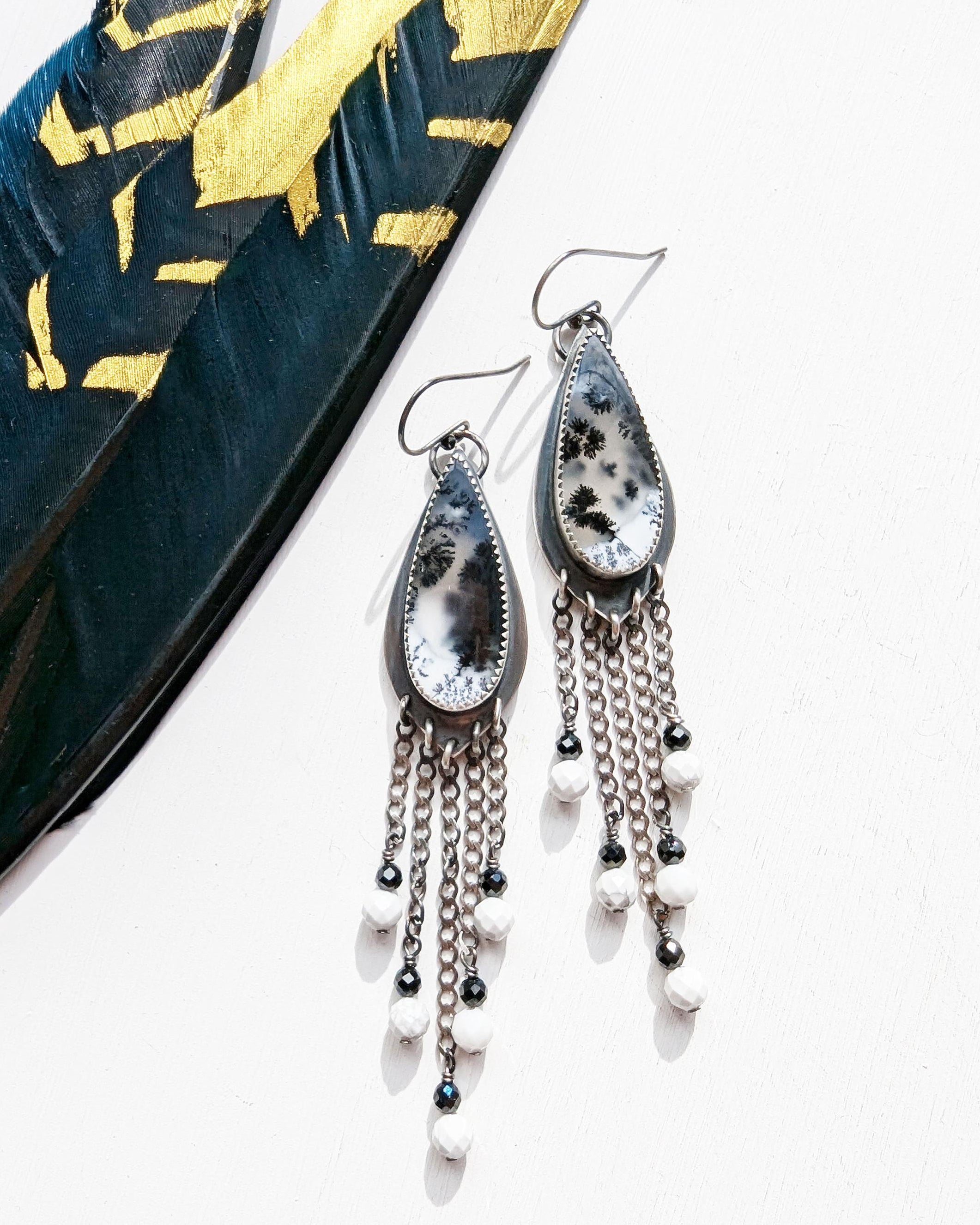 Black and white gemstone statement earrings with subtle movement
