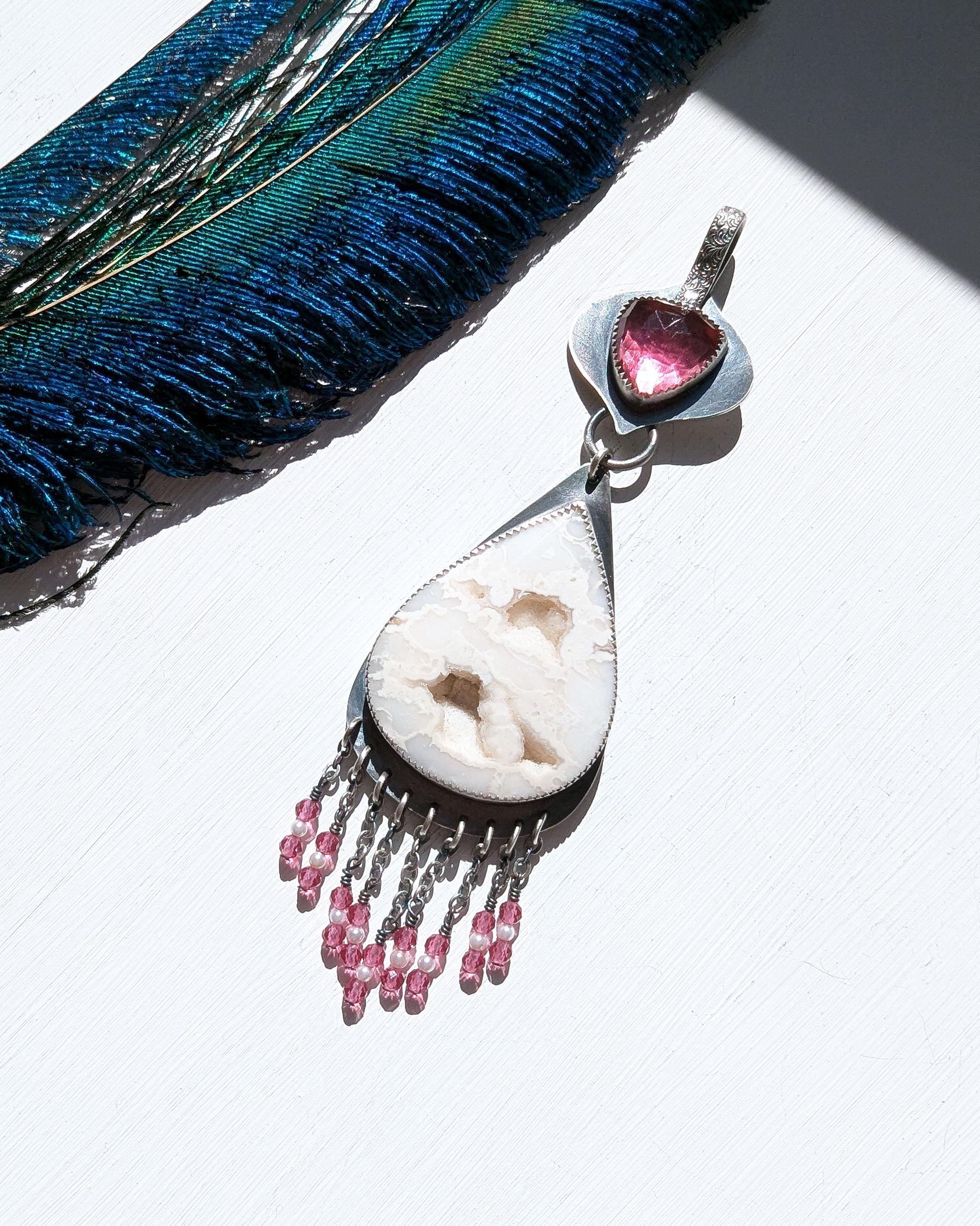 Romantic boho agate pendant with crystal fringe