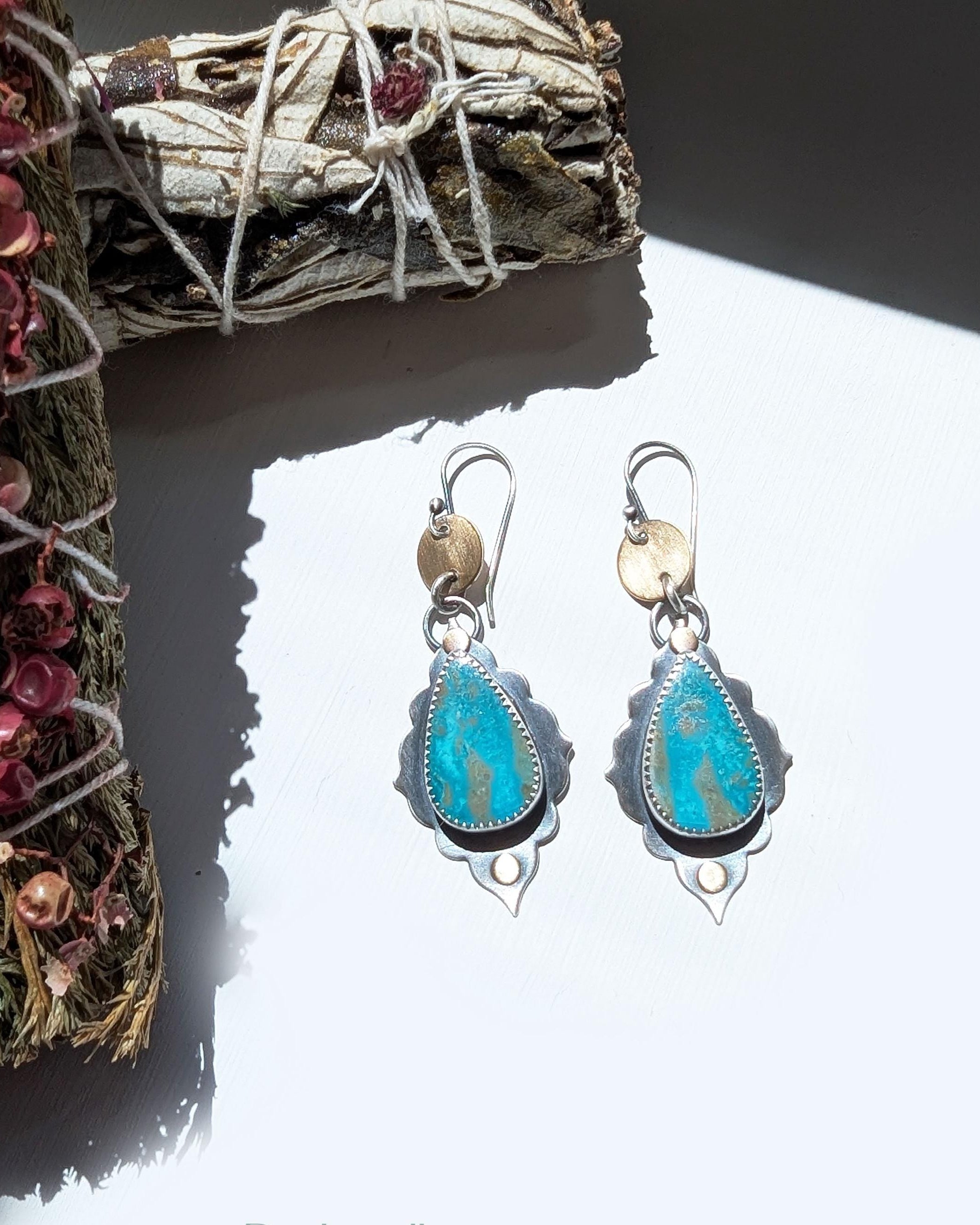 Mixed metal boho earrings featuring turquoise jasper and grey jasper stones