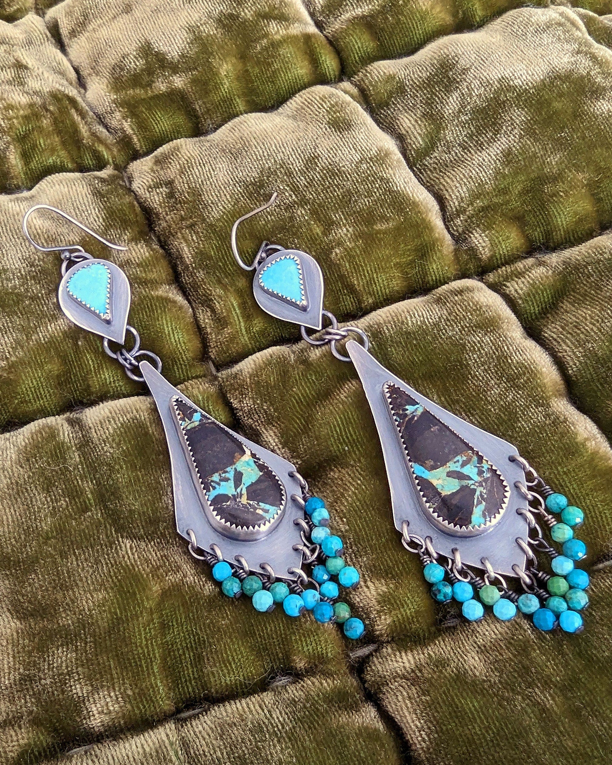 Artisan sterling silver earrings with natural turquoise fringe movement