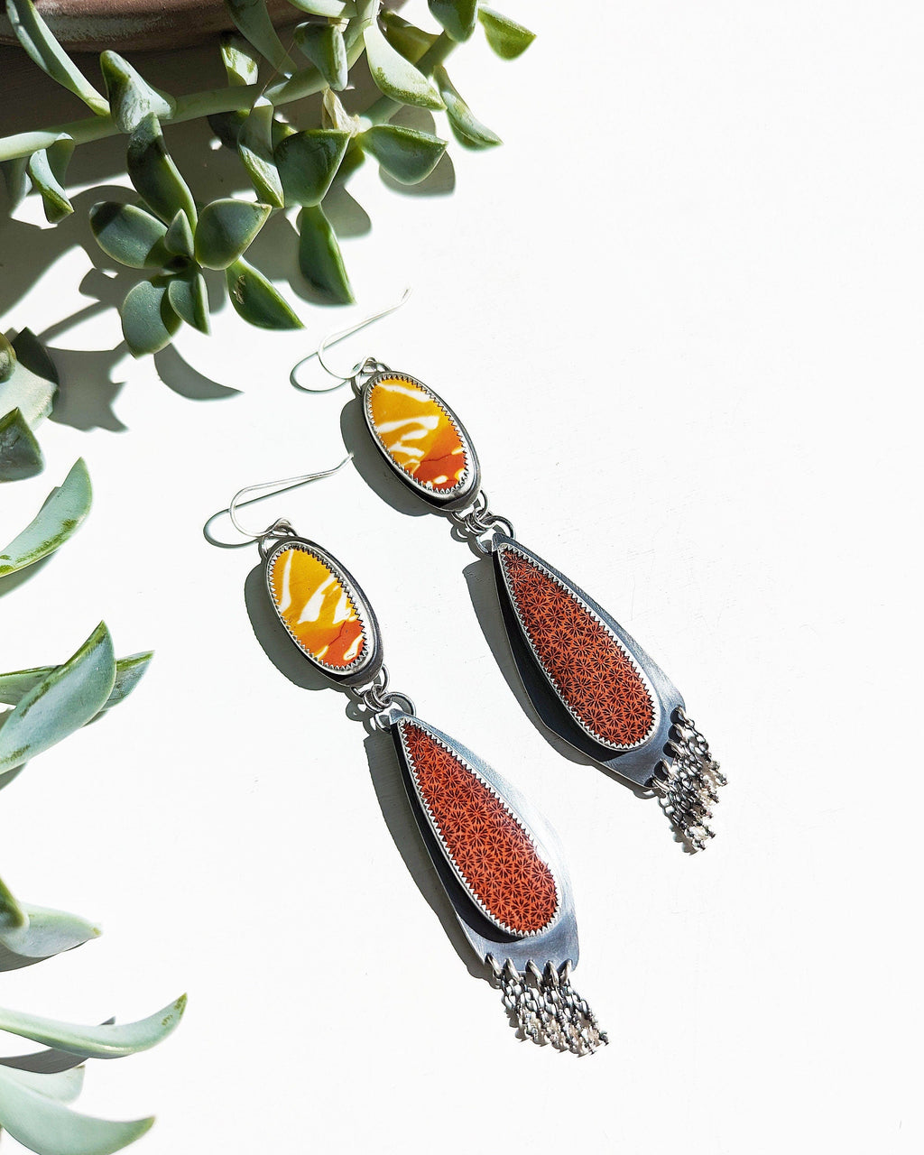 Oxidized sterling silver earrings with cascading silver pyrite bead fringe and two stone design
