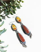 Oxidized sterling silver earrings with cascading silver pyrite bead fringe and two stone design

