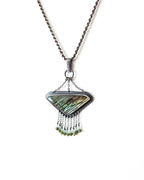 Aquamarine and nephrite jade bead fringe on geometric labradorite pendant on a chain to show how it hangs
