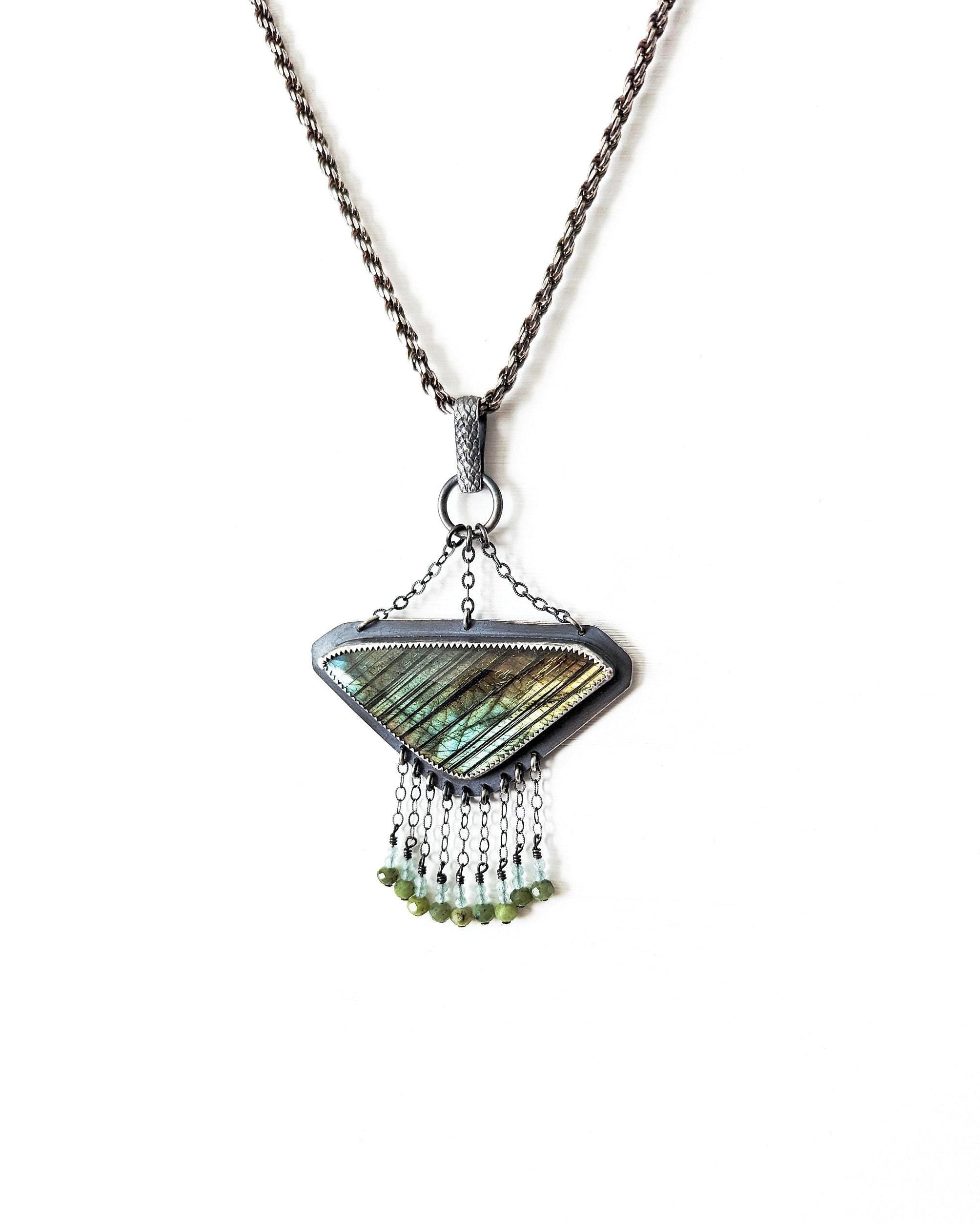 Aquamarine and nephrite jade bead fringe on geometric labradorite pendant on a chain to show how it hangs
