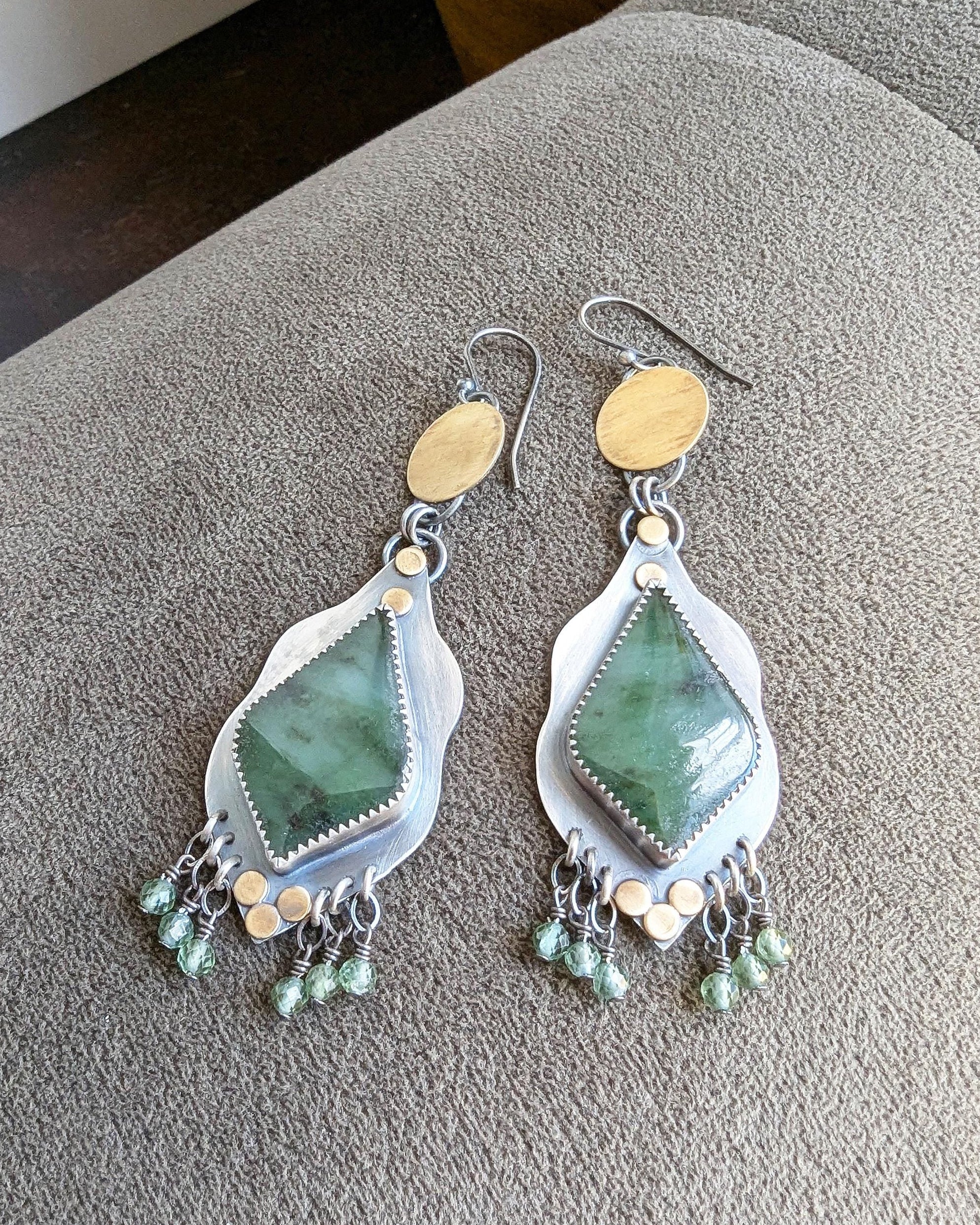 Oxidized silver and brass boho nephrite earrings