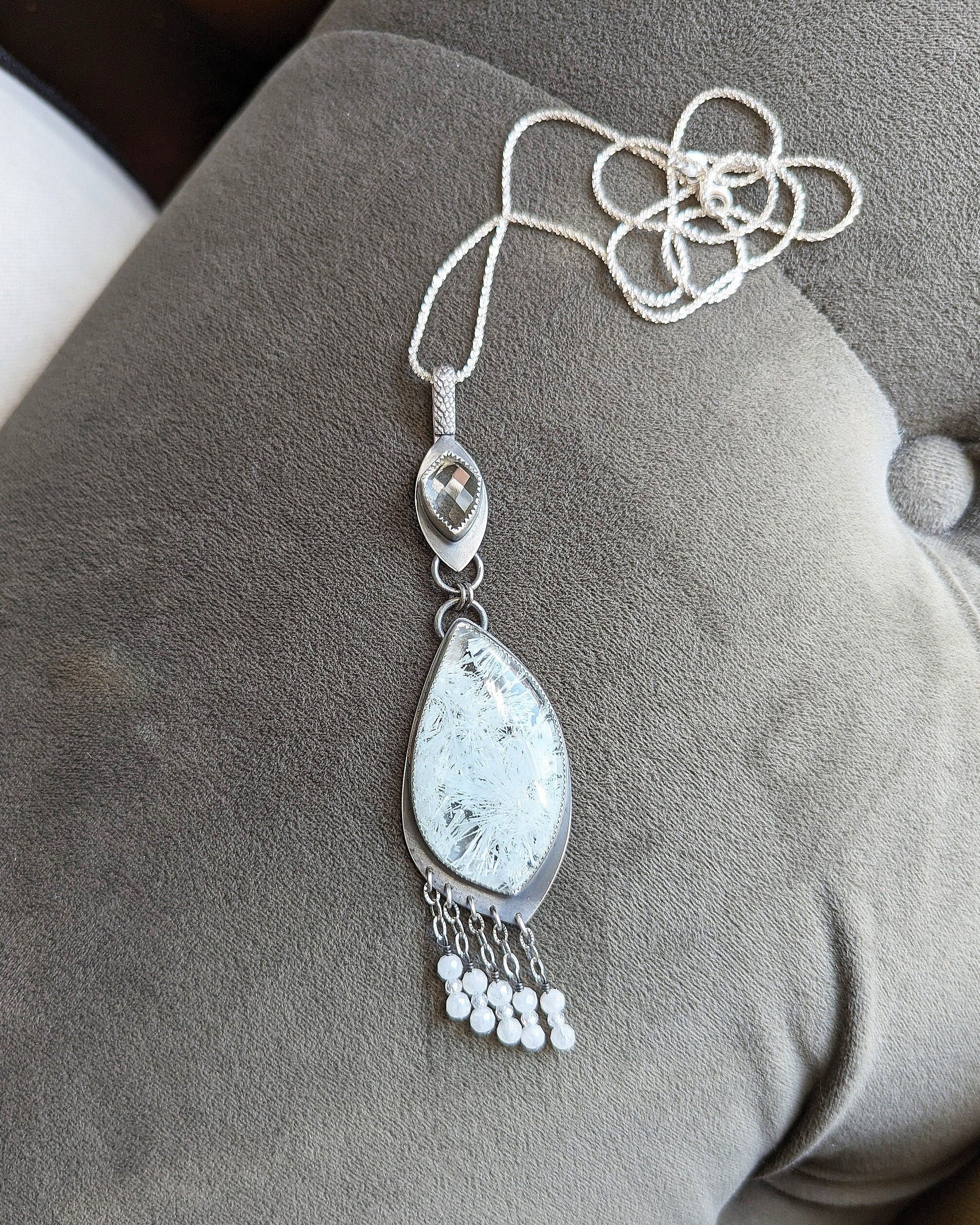 Bridewell quartz statement pendant with moonstone fringe in oxidized sterling silver