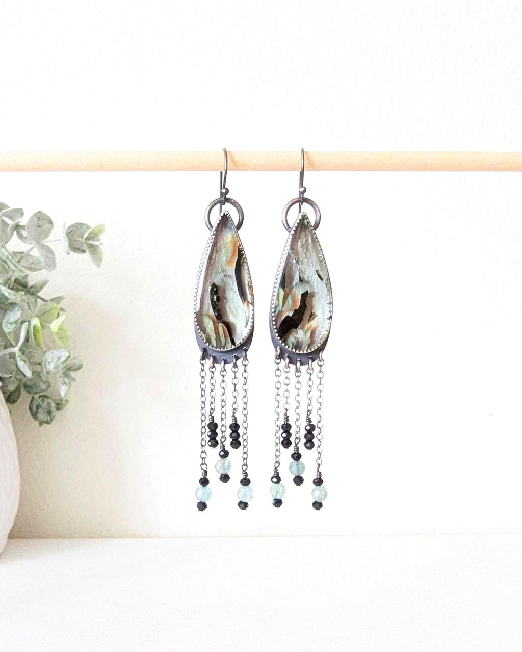 Aqua reclaimed glass teardrop earrings with oxidized sterling silver chain fringe

