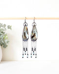 Aqua reclaimed glass teardrop earrings with oxidized sterling silver chain fringe
