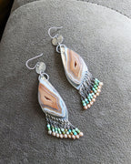 Handcrafted oxidized silver earrings with druzy agate and fringe movement