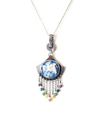 Plume agate and blue chalcedony fringe pendant in oxidized sterling silver chain not included