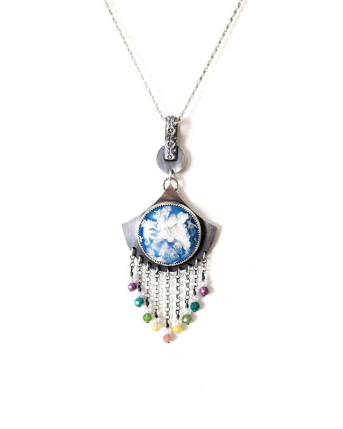 Plume agate and blue chalcedony fringe pendant in oxidized sterling silver chain not included