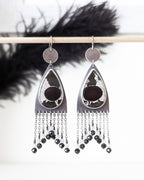 Septarian fossil earrings with pear-shaped stones and oxidized silver celestial fringe
