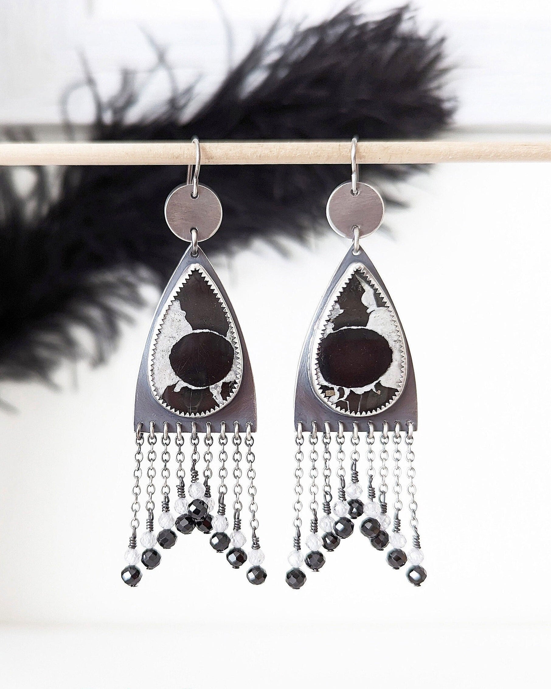 Septarian fossil earrings with pear-shaped stones and oxidized silver celestial fringe
