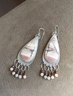 Artisan oxidized silver earrings with gemstone fringe movement