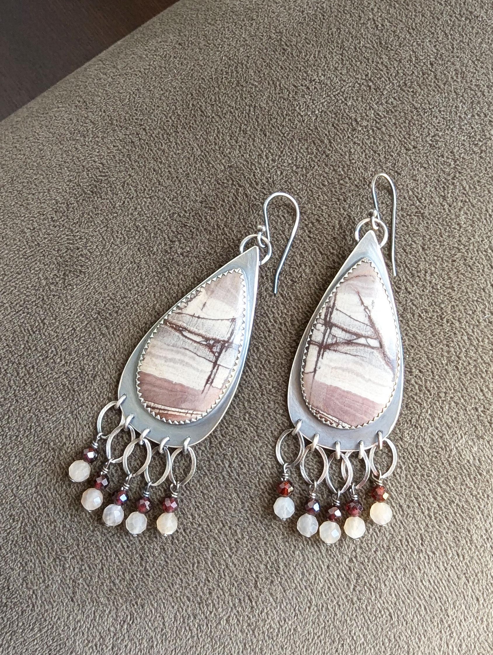 Artisan oxidized silver earrings with gemstone fringe movement