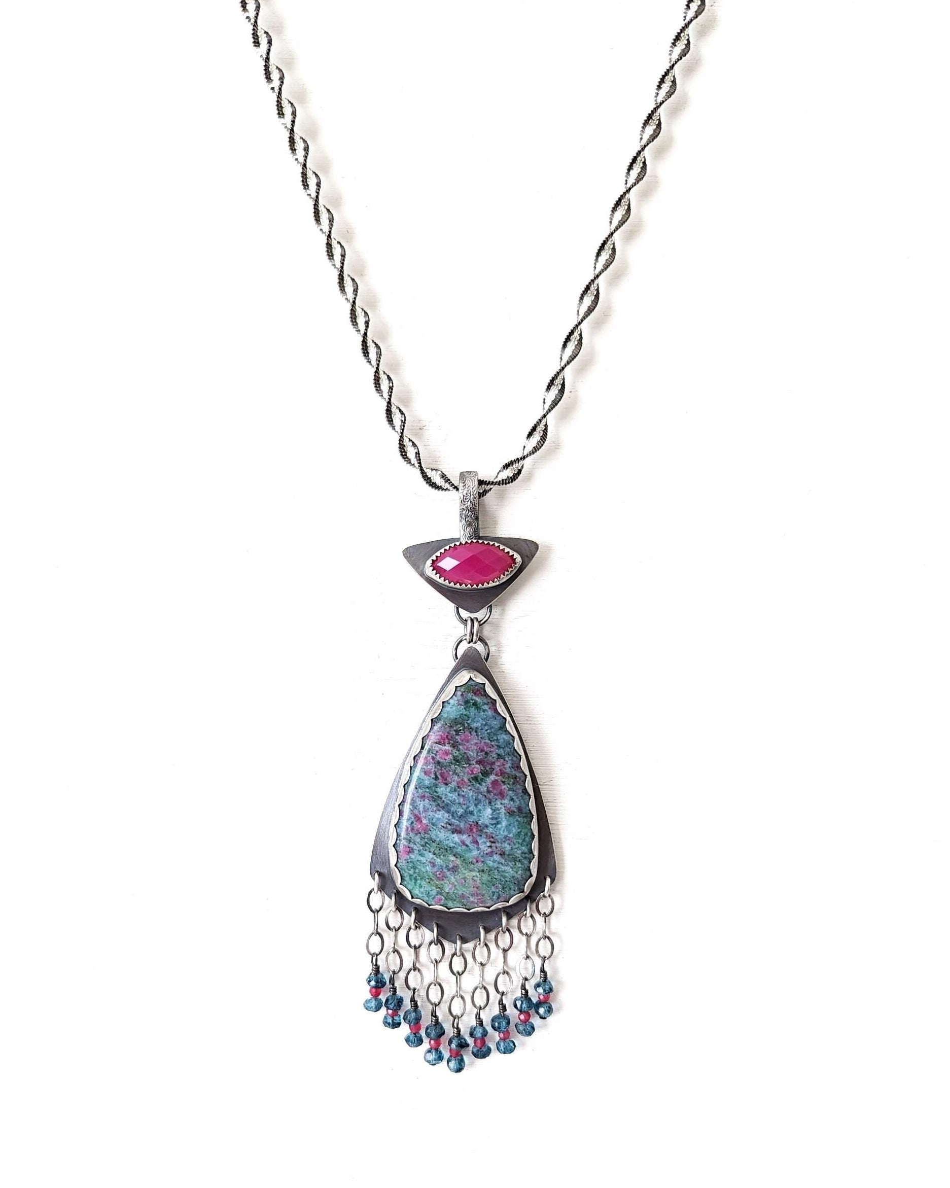 Statement ruby in kyanite necklace with pink chalcedony and artisan silver shown on chain (not included)
