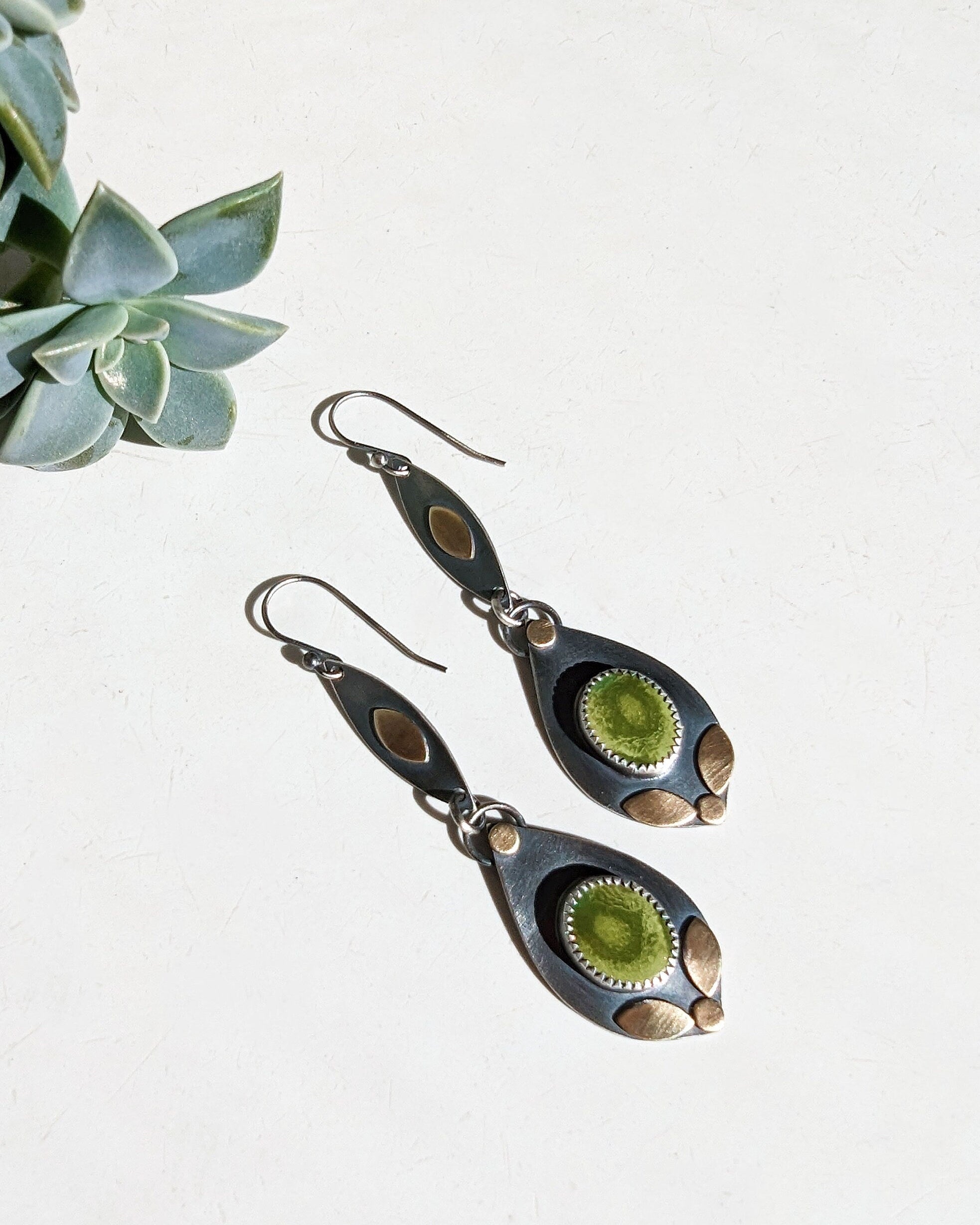 Olive and lime green stabilized turquoise in oxidized sterling silver
