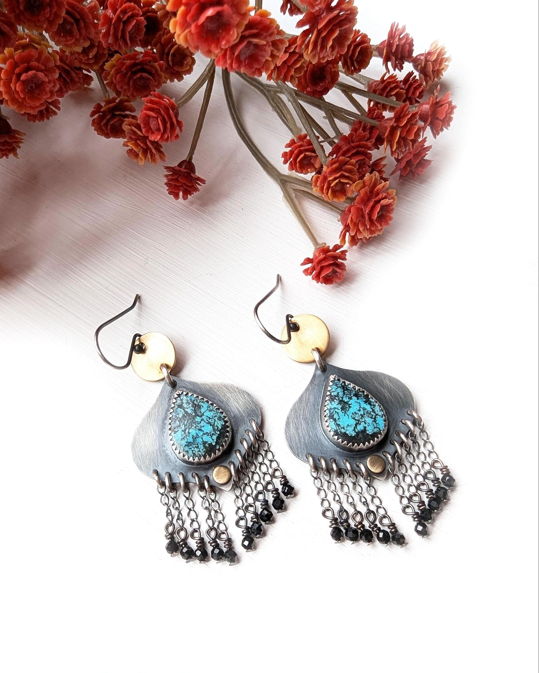 Tibetan turquoise dangle earrings with spiderweb matrix and spinel fringe