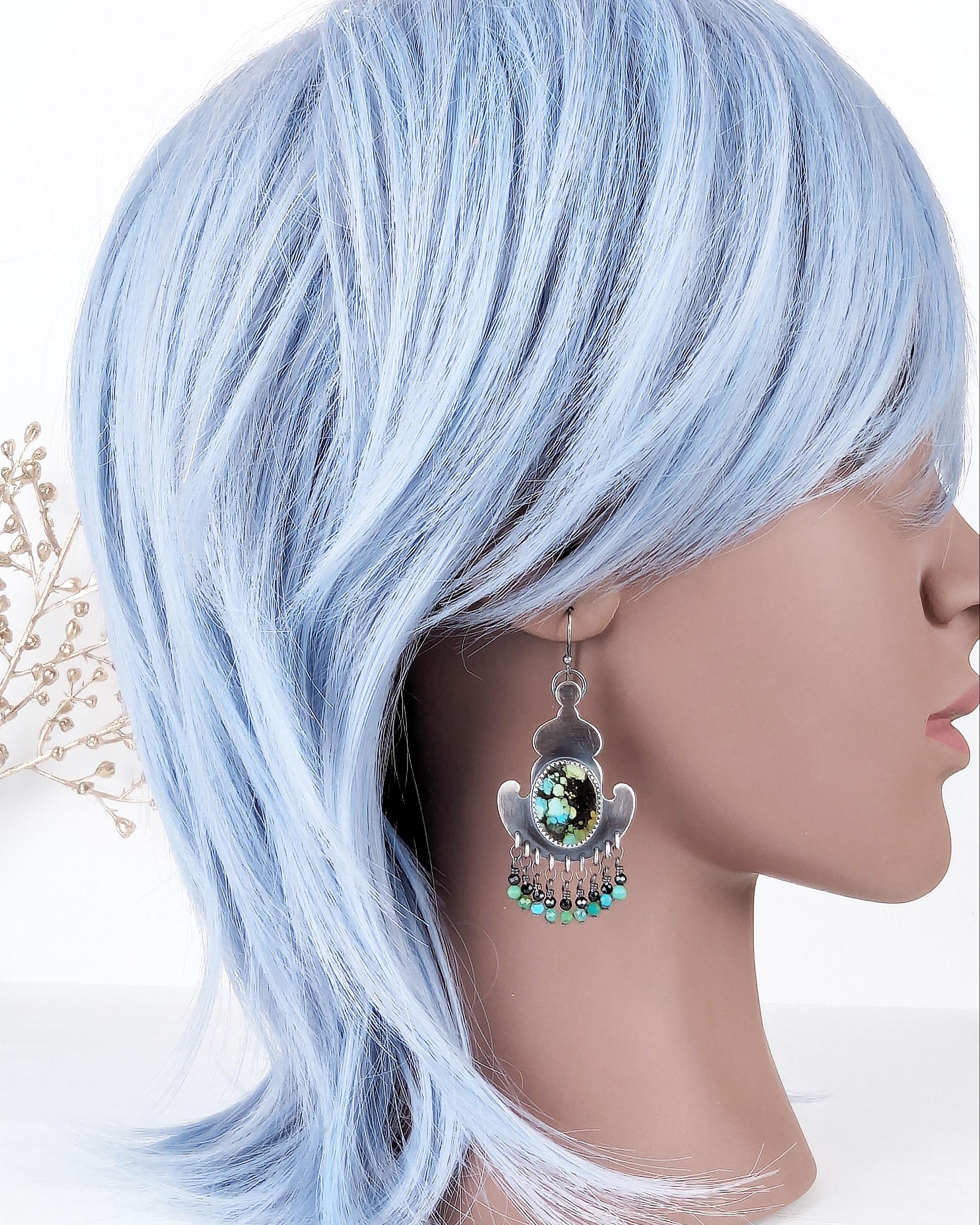 Boho chic turquoise statement earrings with spinel accents