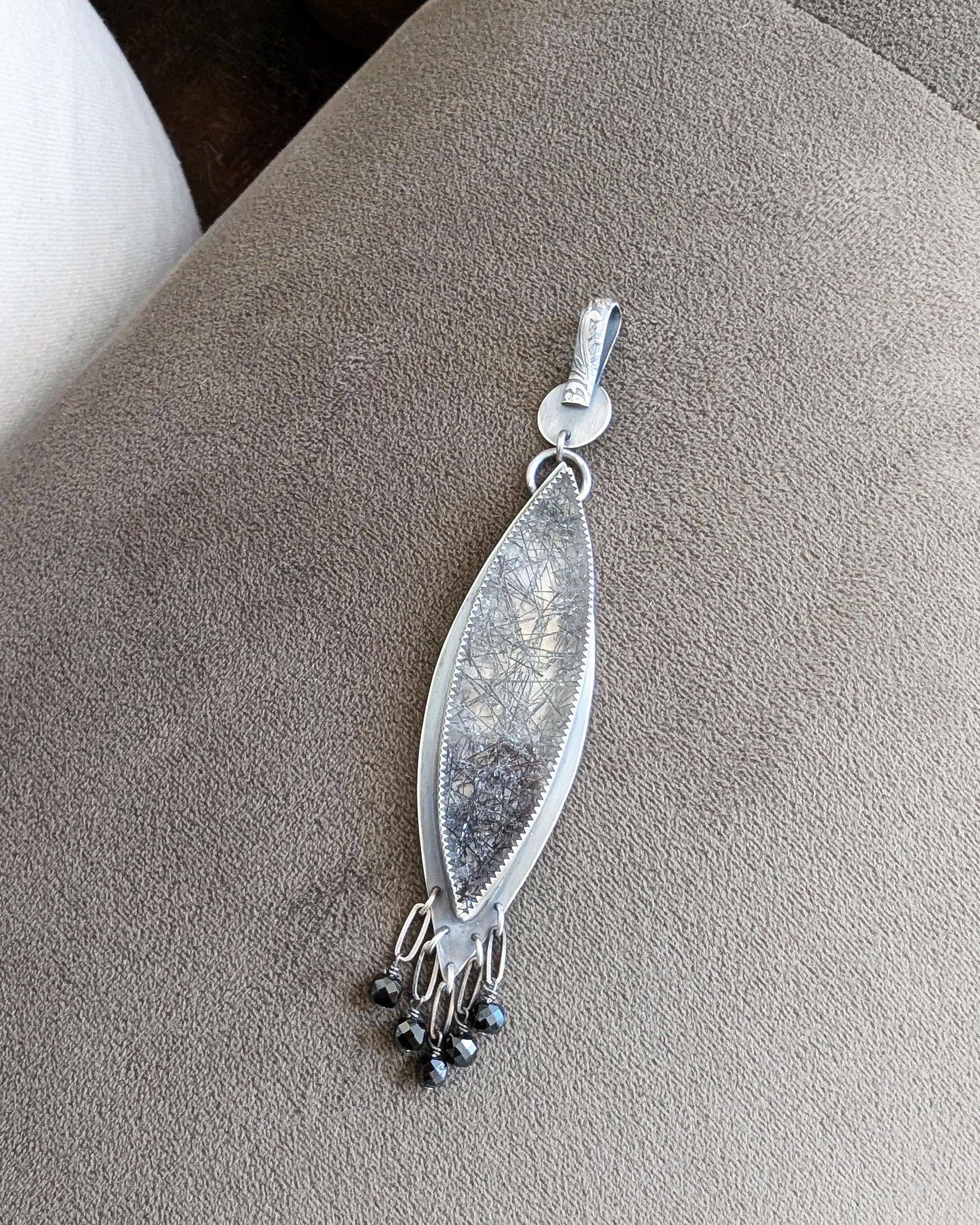 Marquis shaped black rutile necklace with silver fringe