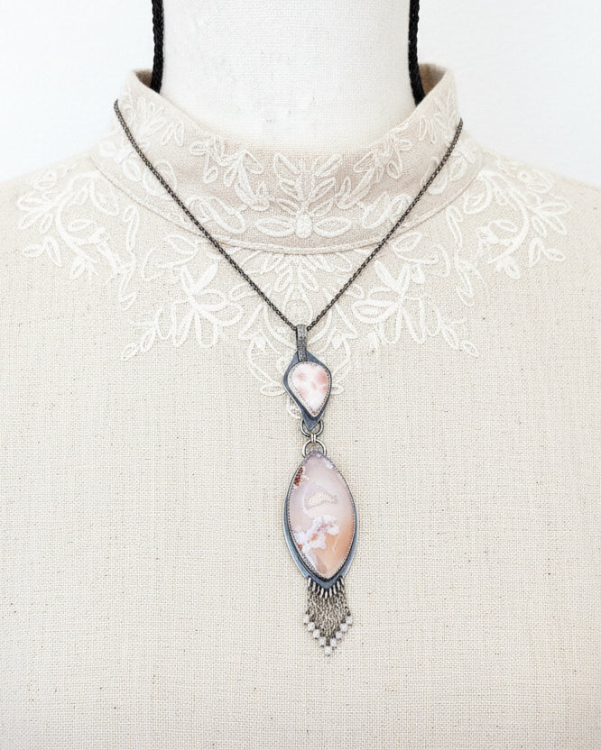 Druzy flower agate pendant worn on chain to show size and drop 
