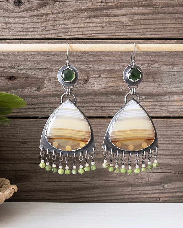 Big two stone agate and serpentine earrings in oxidized sterling silver hanging 
