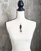unique statement necklace with black agate druzy and fringe on bust and chain for scale (chain not included)