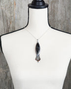 dark gemstone necklace with black agate and colorful bead fringe on bust for scale (chain not included)