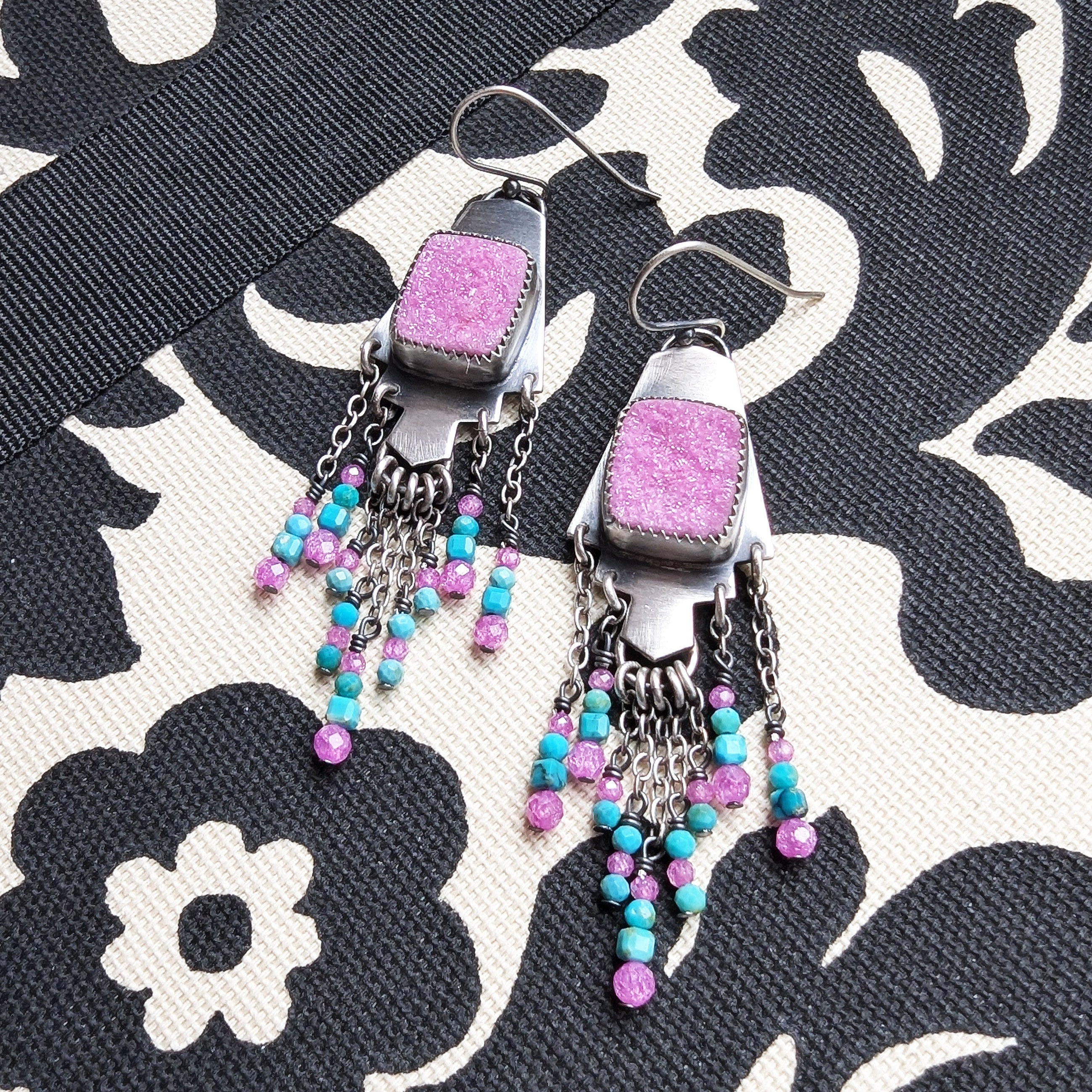 Pink druzy cobalto calcite earrings with turquoise bead fringe and oxidized sterling silver by Rebellenhaus.