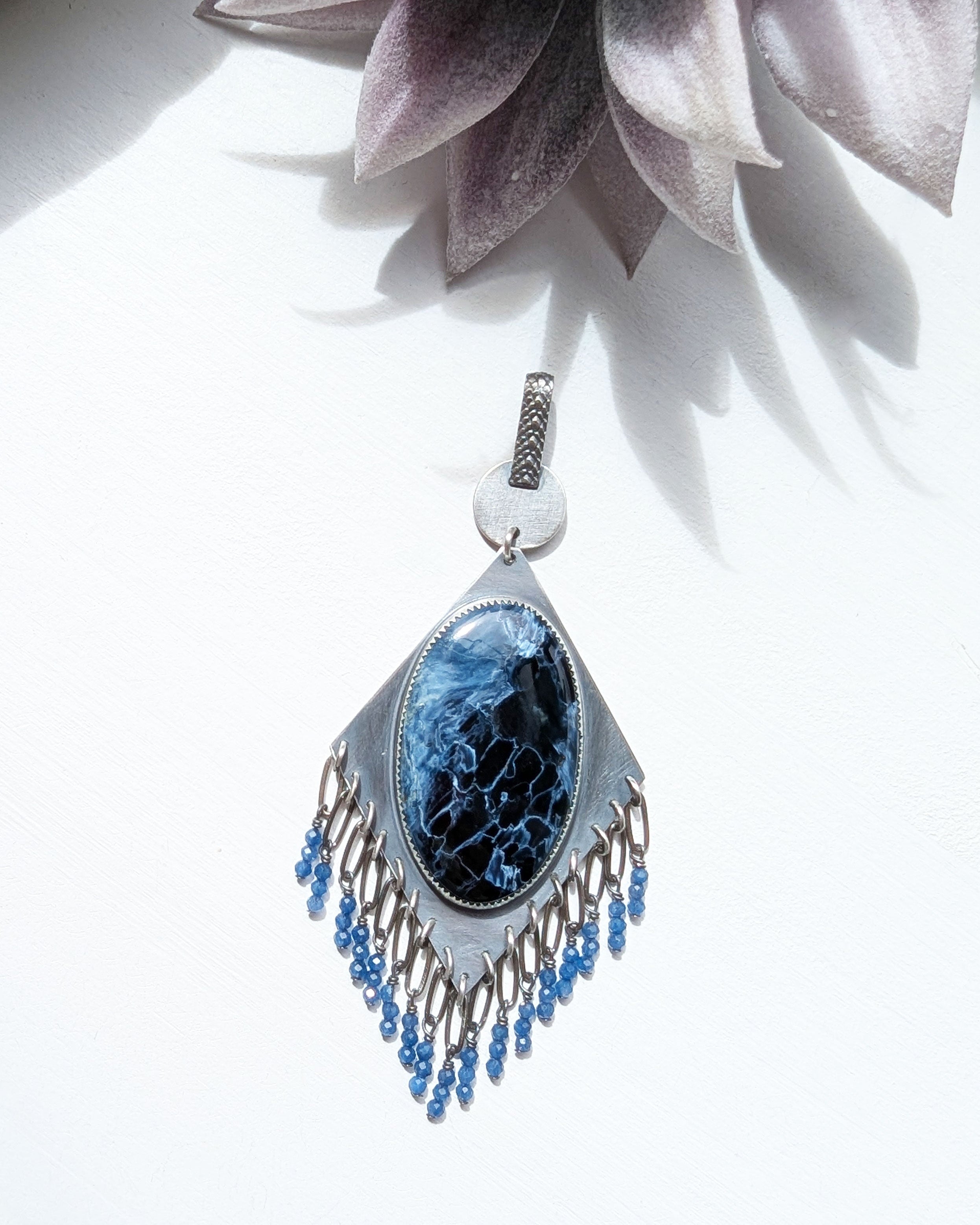 pietersite pendant with blue jade fringe in oxidized silver
