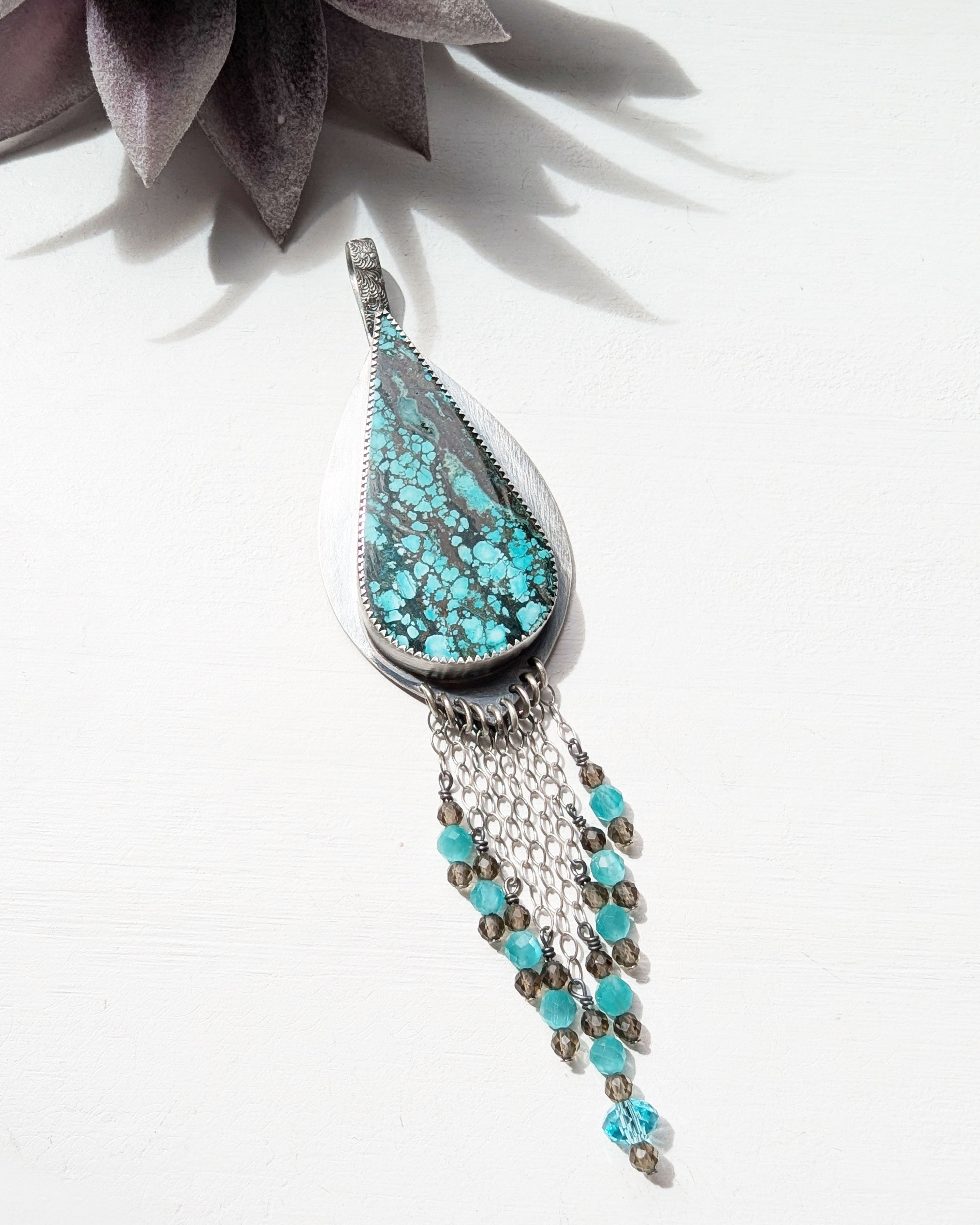 long oxidized silver pendant with turquoise and smoky quartz beads