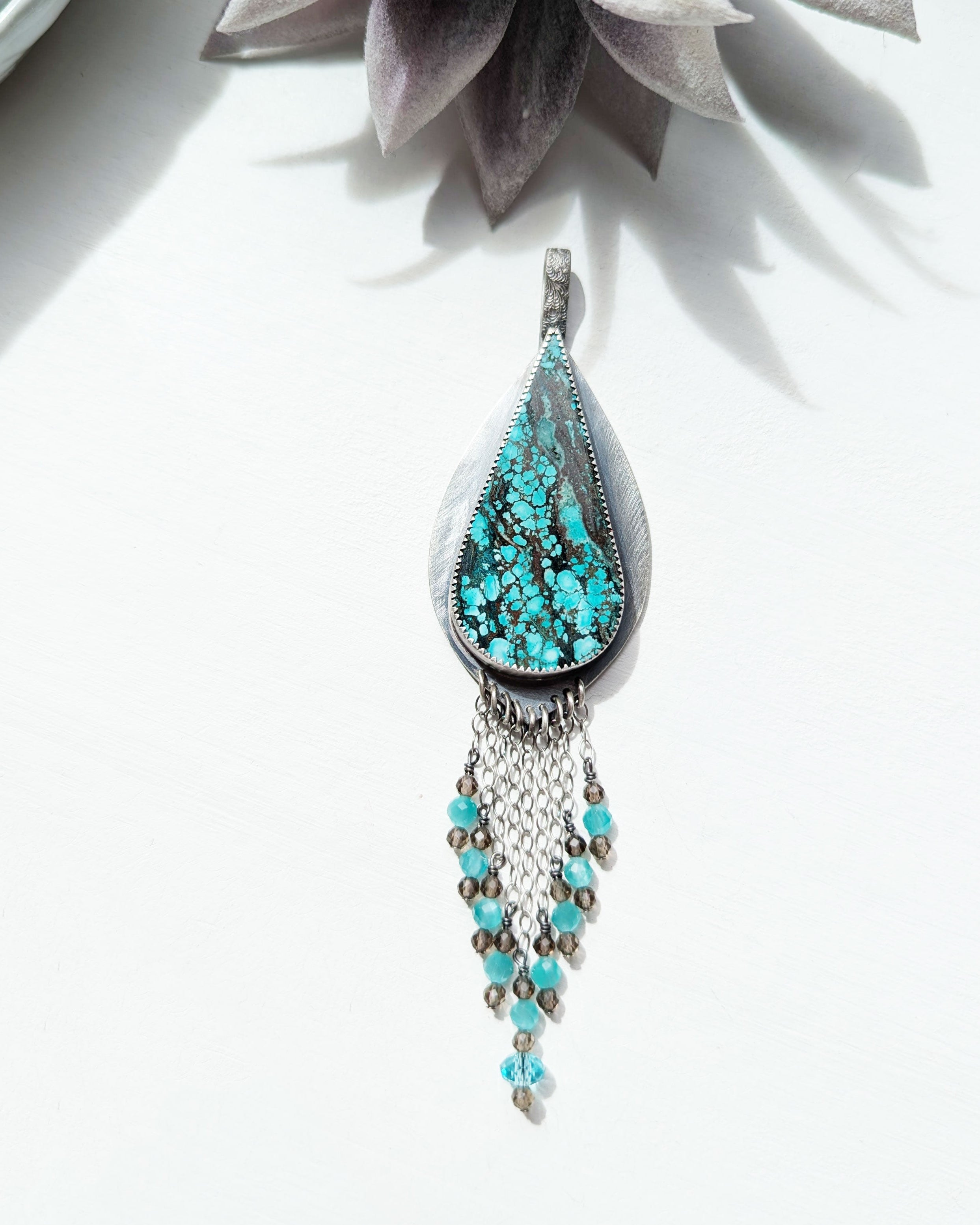 handcrafted oxidized silver pendant with mixed bead fringe