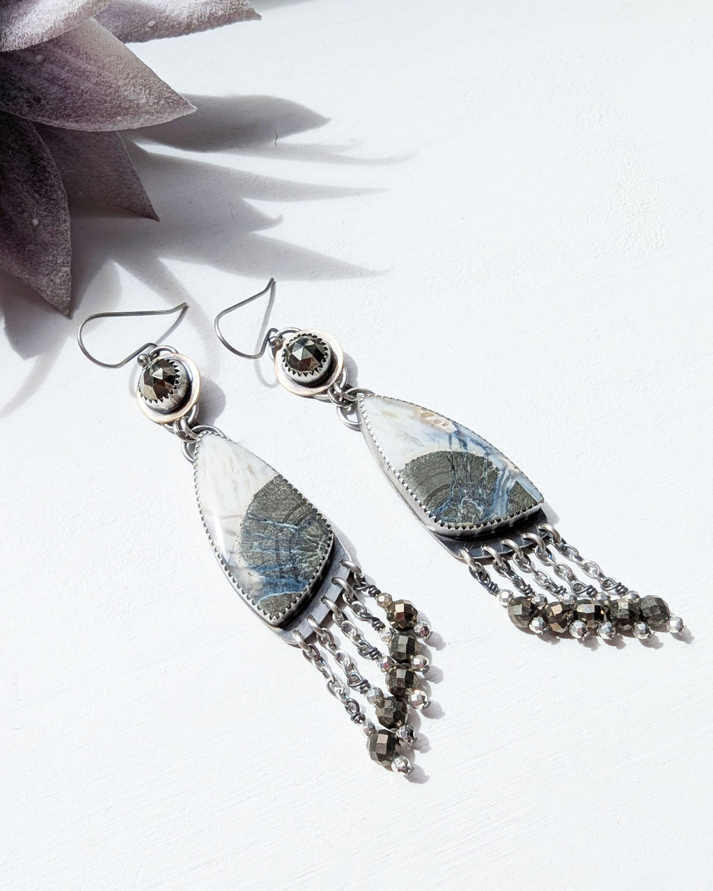 Brass coin earrings with bezel-set pyrite and agate drop