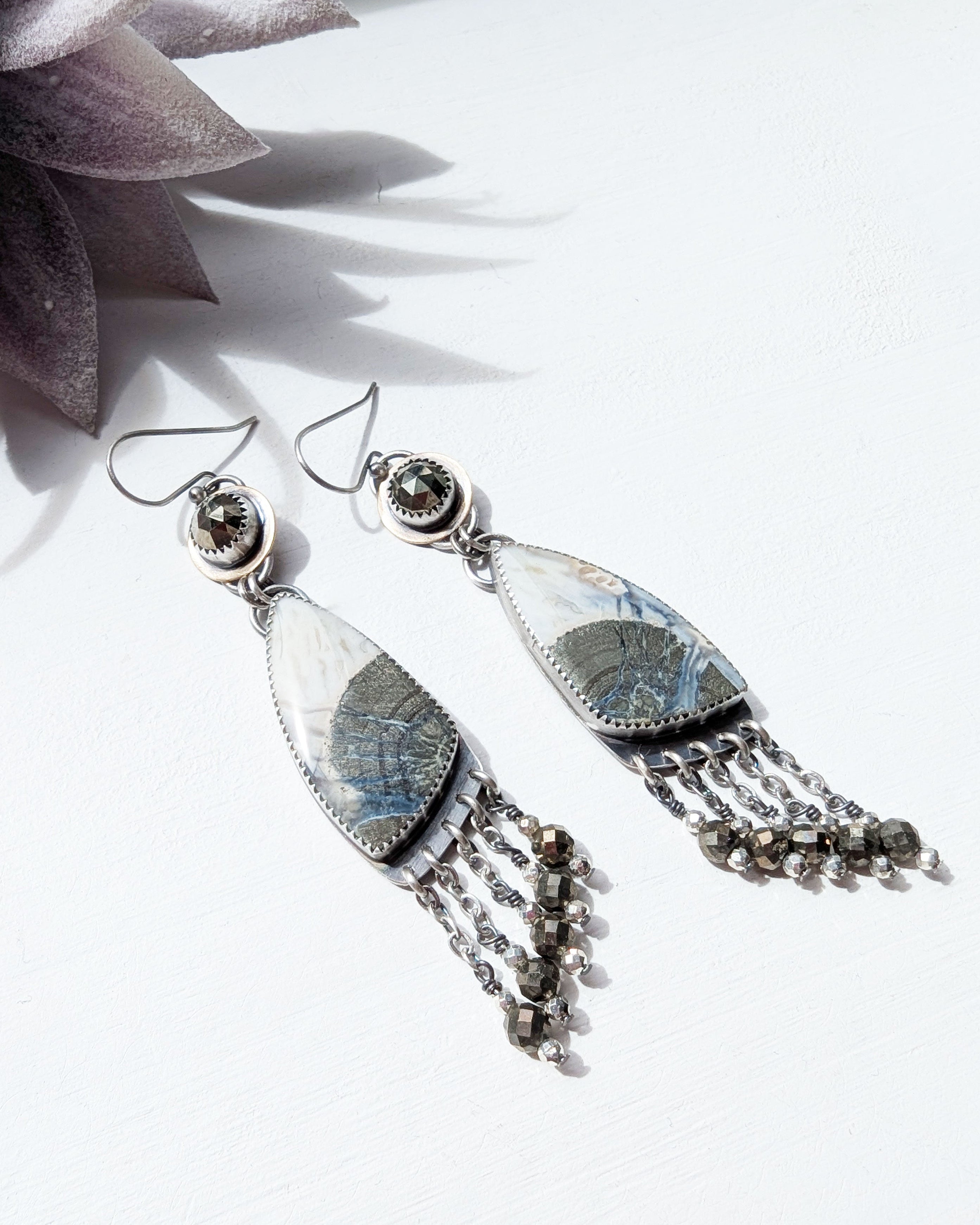 Brass coin earrings with bezel-set pyrite and agate drop