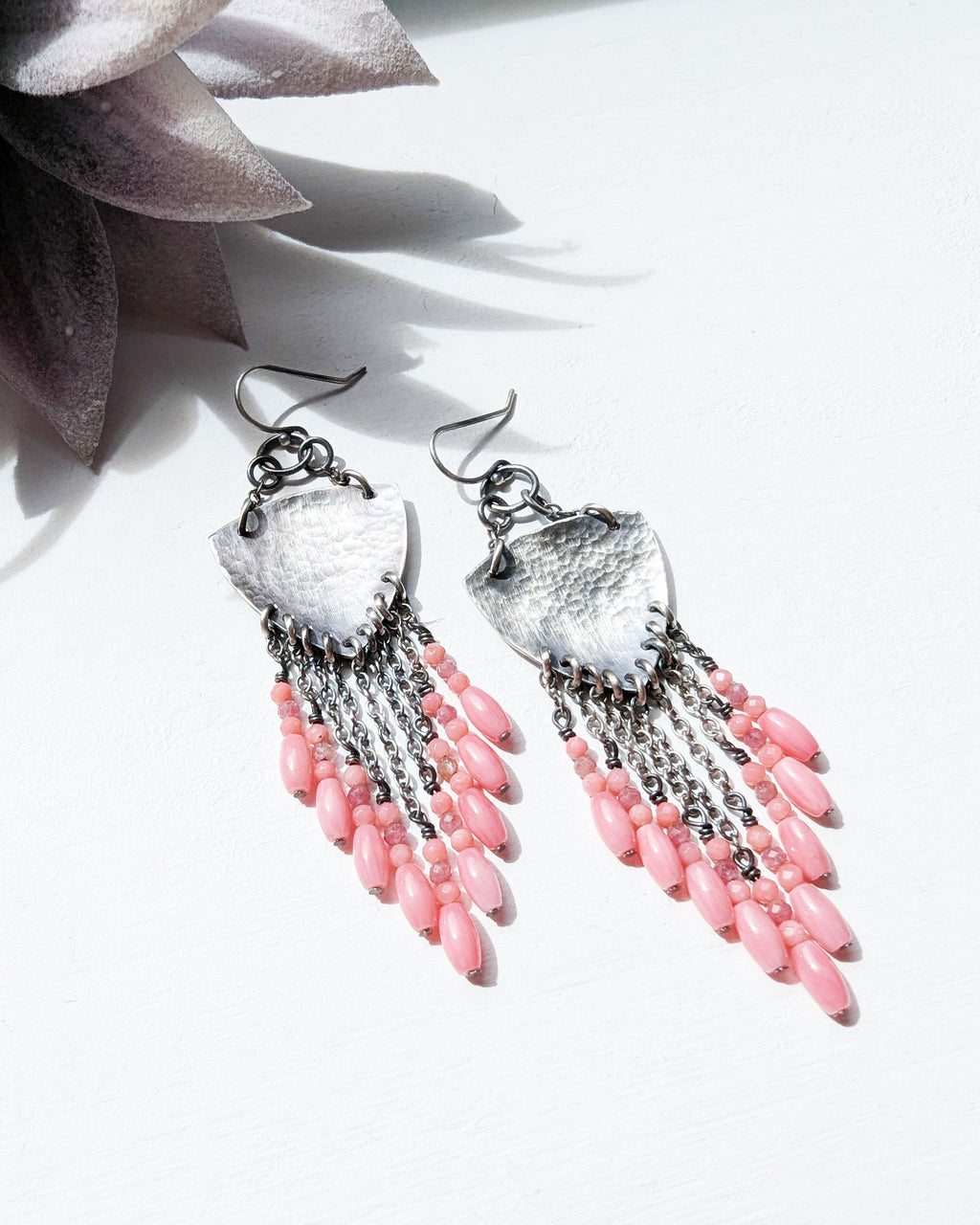 oxidized sterling silver chandelier earrings with pink coral beads