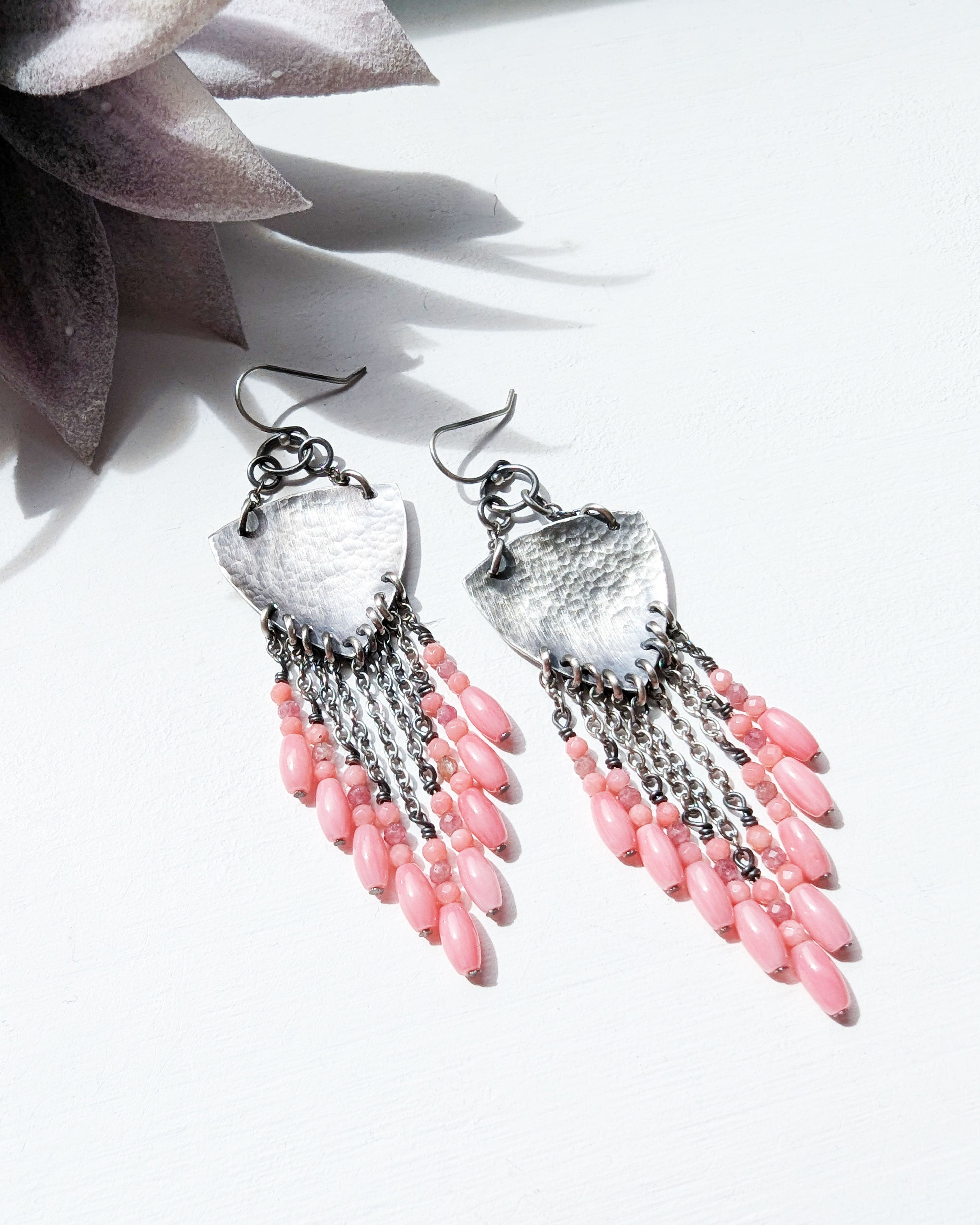 oxidized sterling silver chandelier earrings with pink coral beads