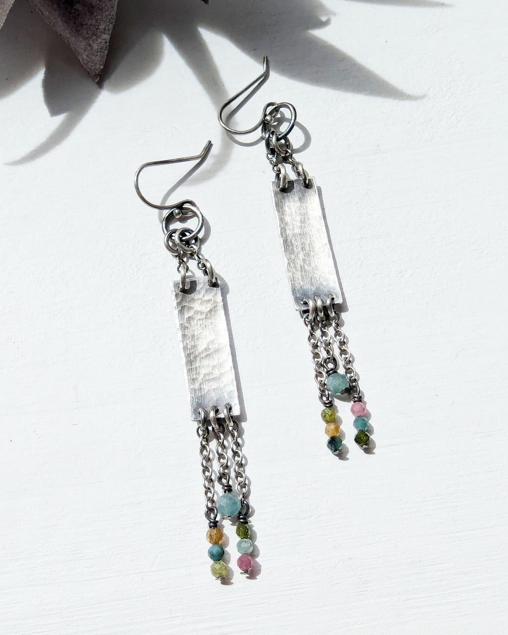 long oxidized sterling silver rectangle earrings with tourmaline fringe