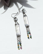 long oxidized sterling silver rectangle earrings with tourmaline fringe