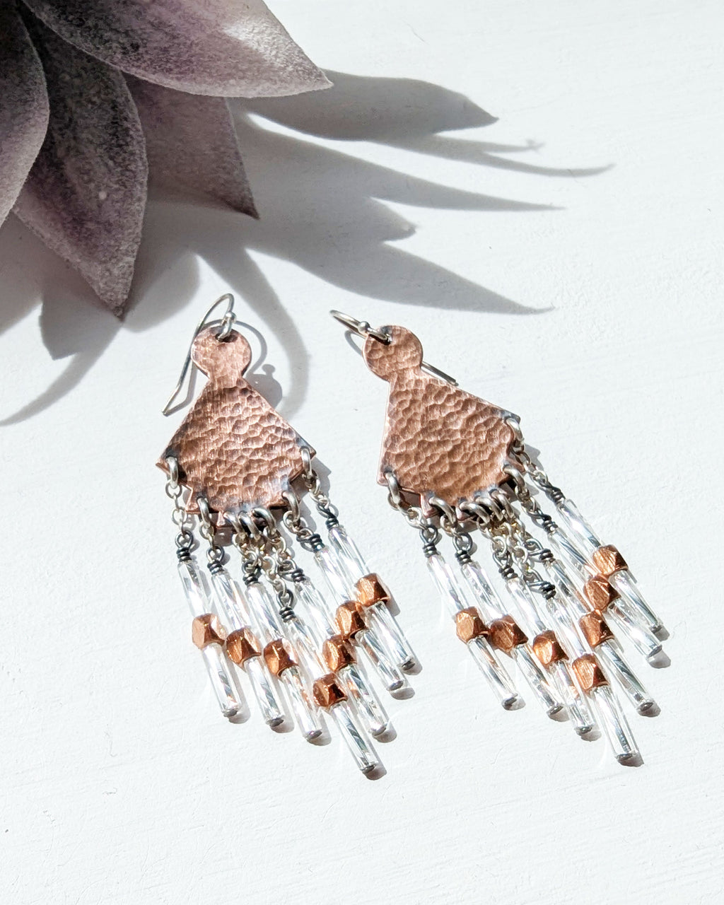mixed metal copper and silver earrings with long beaded fringe