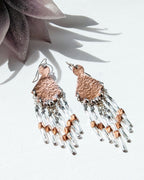 mixed metal copper and silver earrings with long beaded fringe