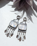 rainbow moonstone chandelier earrings with oxidized silver and crystal fringe