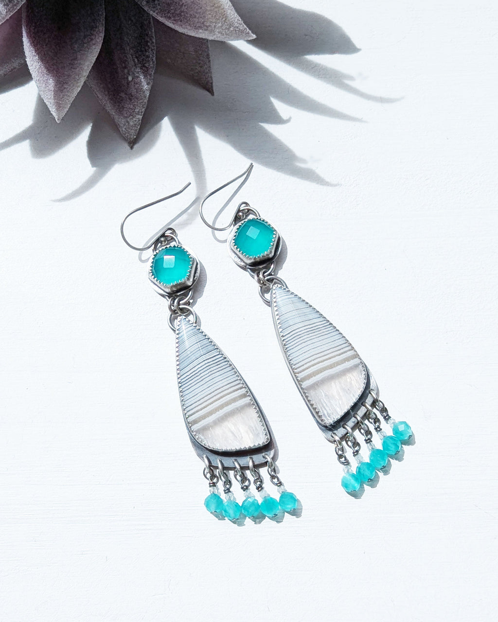 asymmetrical gemstone earrings with banded white agate