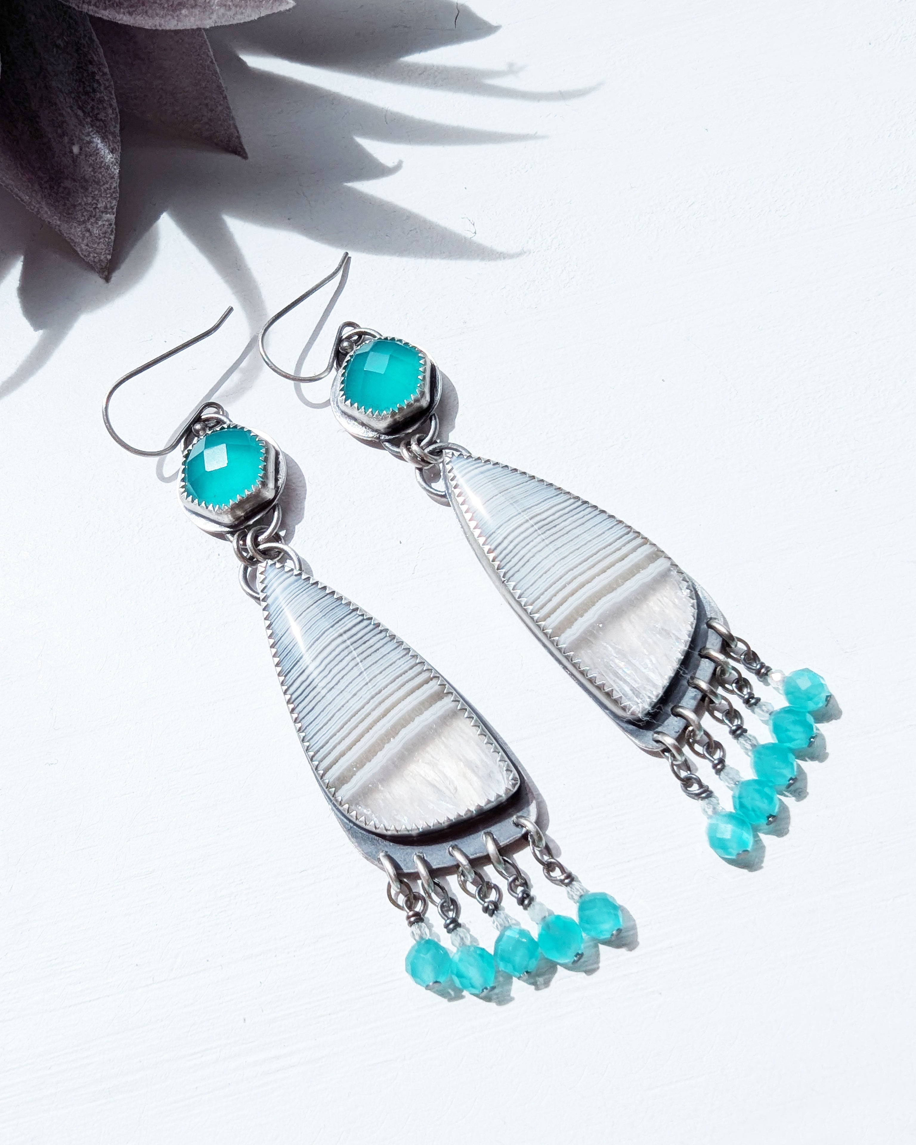 turquoise chalcedony earrings with white banded agate and amazonite fringe