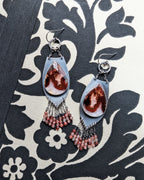 plume agate earrings with strawberry quartz fringe in oxidized silver