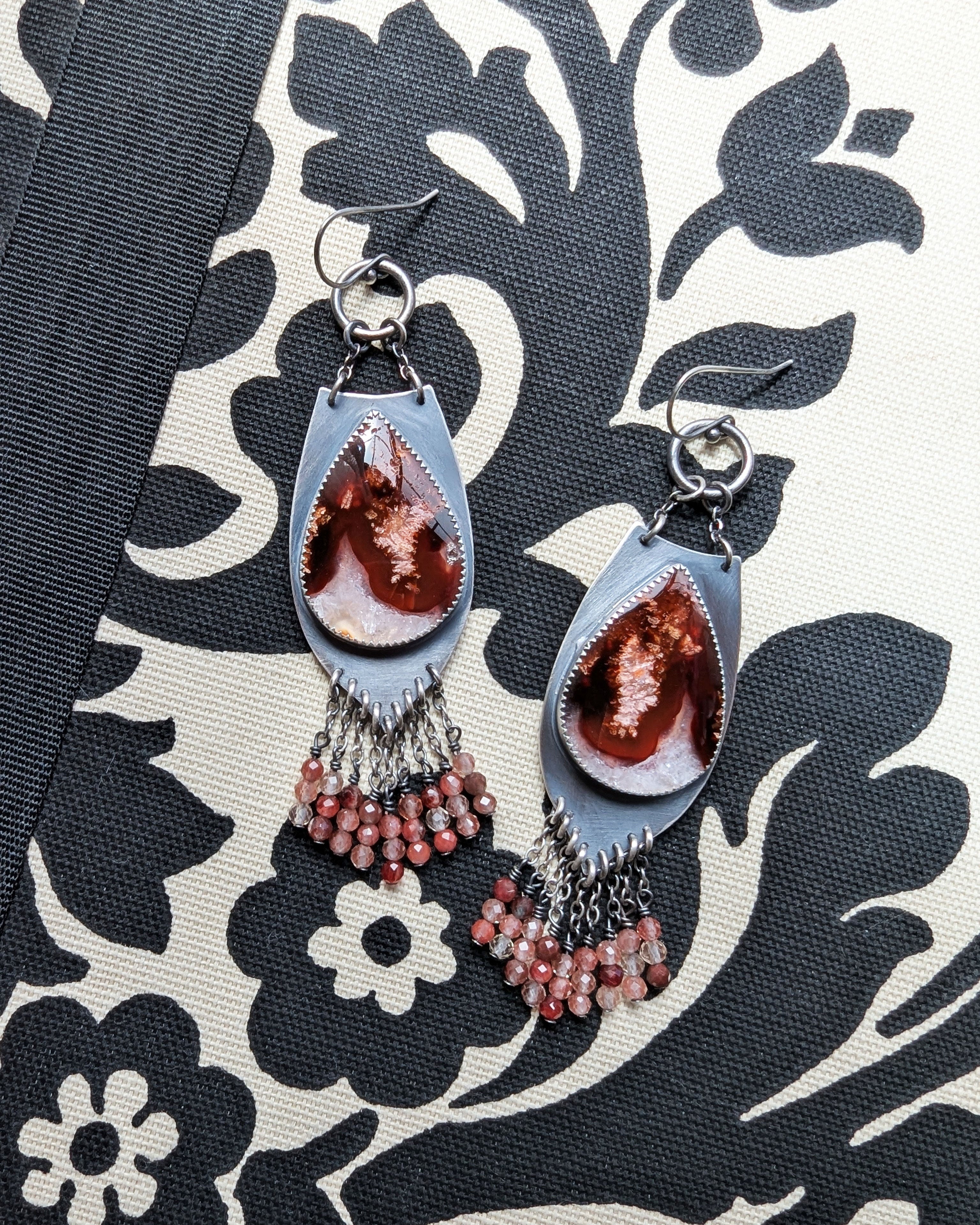 plume agate earrings with strawberry quartz fringe in oxidized silver