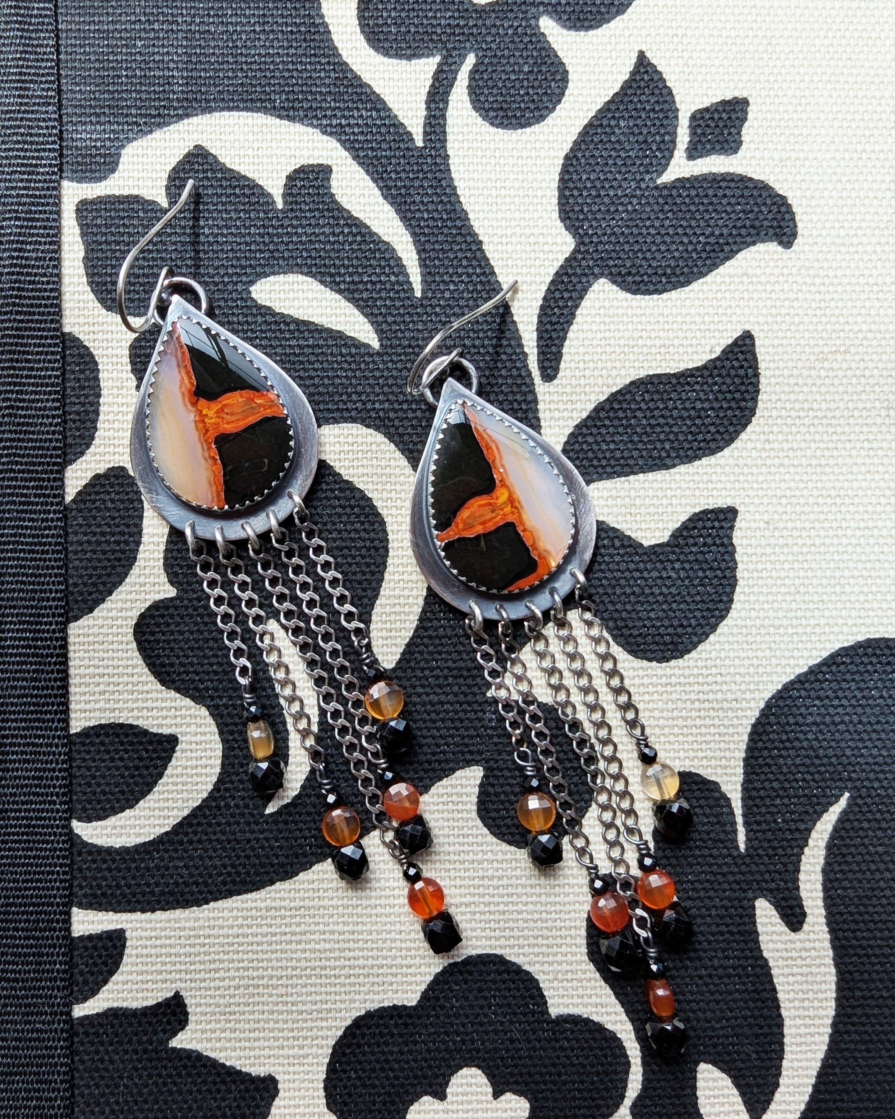 oxidized silver earrings with pear shaped agate and fringe