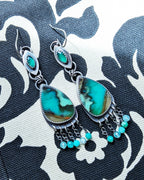asymmetrical opal wood earrings with bright green onyx drops