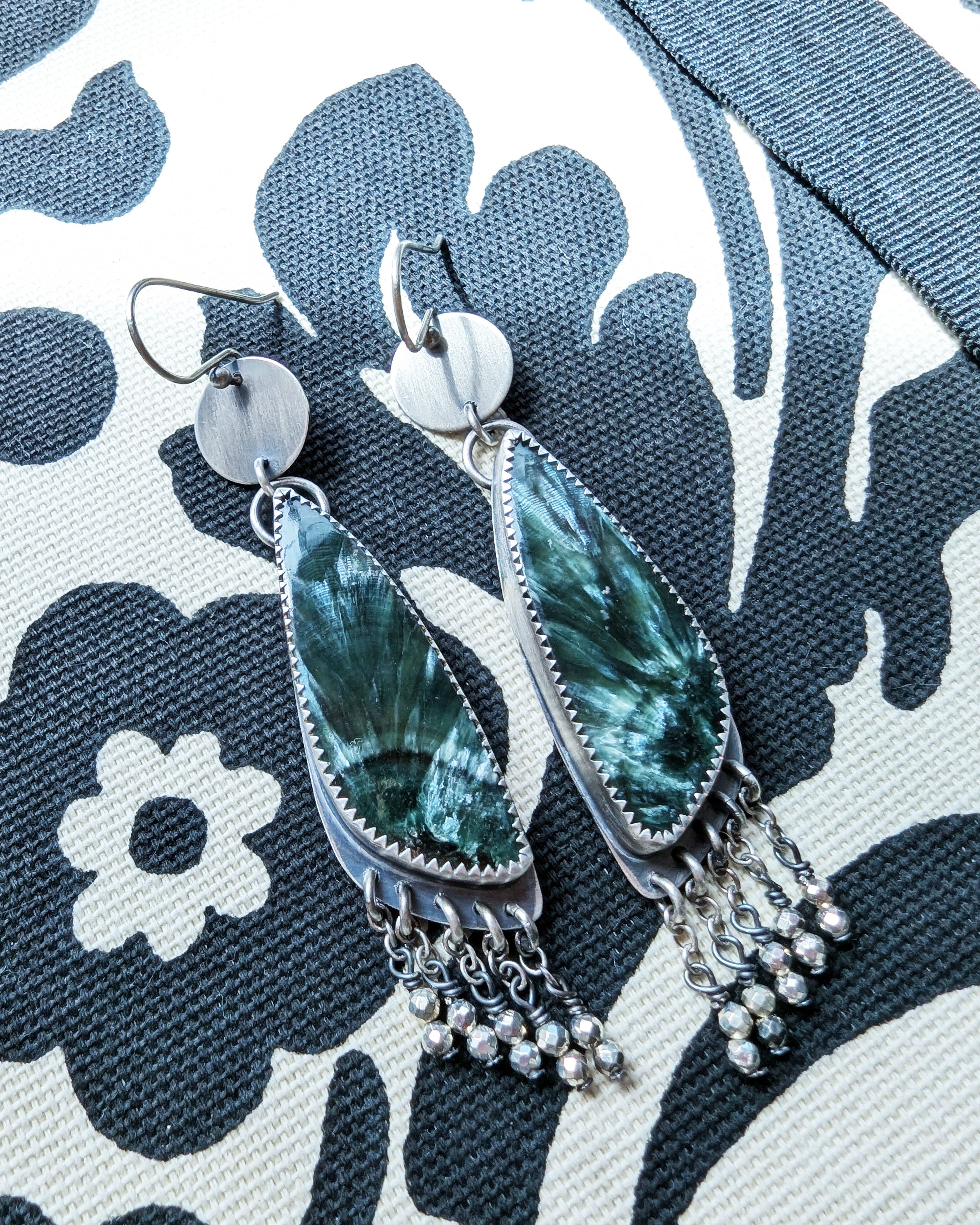 seraphinite earrings with oxidized silver and pyrite bead fringe
